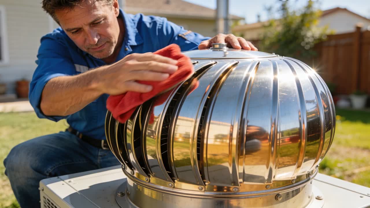 Tecnico in maglietta blu che sistema il cappello e lucida lo sfiato della turbina in giardino per la manutenzione, usando un panno rosso