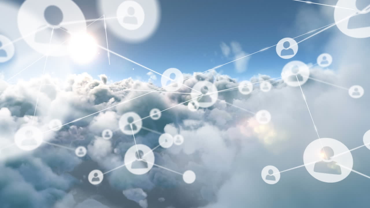 하늘 위의 아이콘으로 연결 네트워크의 애니메이션