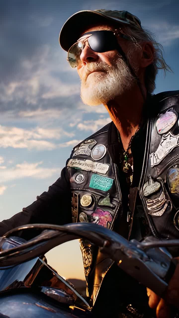 A Distinctive Senior Biker in Sunglasses, Riding Into the Sunset: Captured Moments of Freedom, Experience, and Adventure with Each Turn of the Throttle