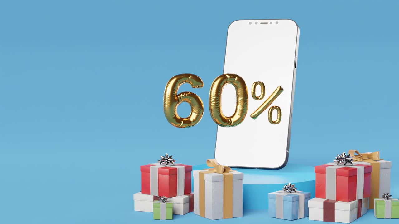 teléfono inteligente que muestra un 60 % dorado junto a cajas de regalos variadas sobre fondo azul