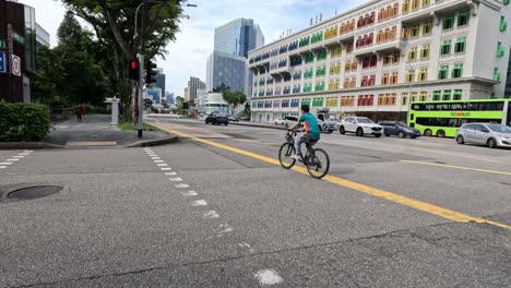 cyclist crossing a busy city intersection.