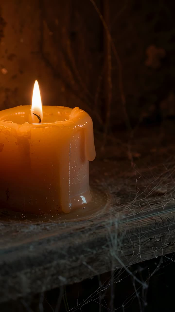 Vertical video: Melting beeswax candle dripping wax on shelf, with spiderwebs and flickering flame