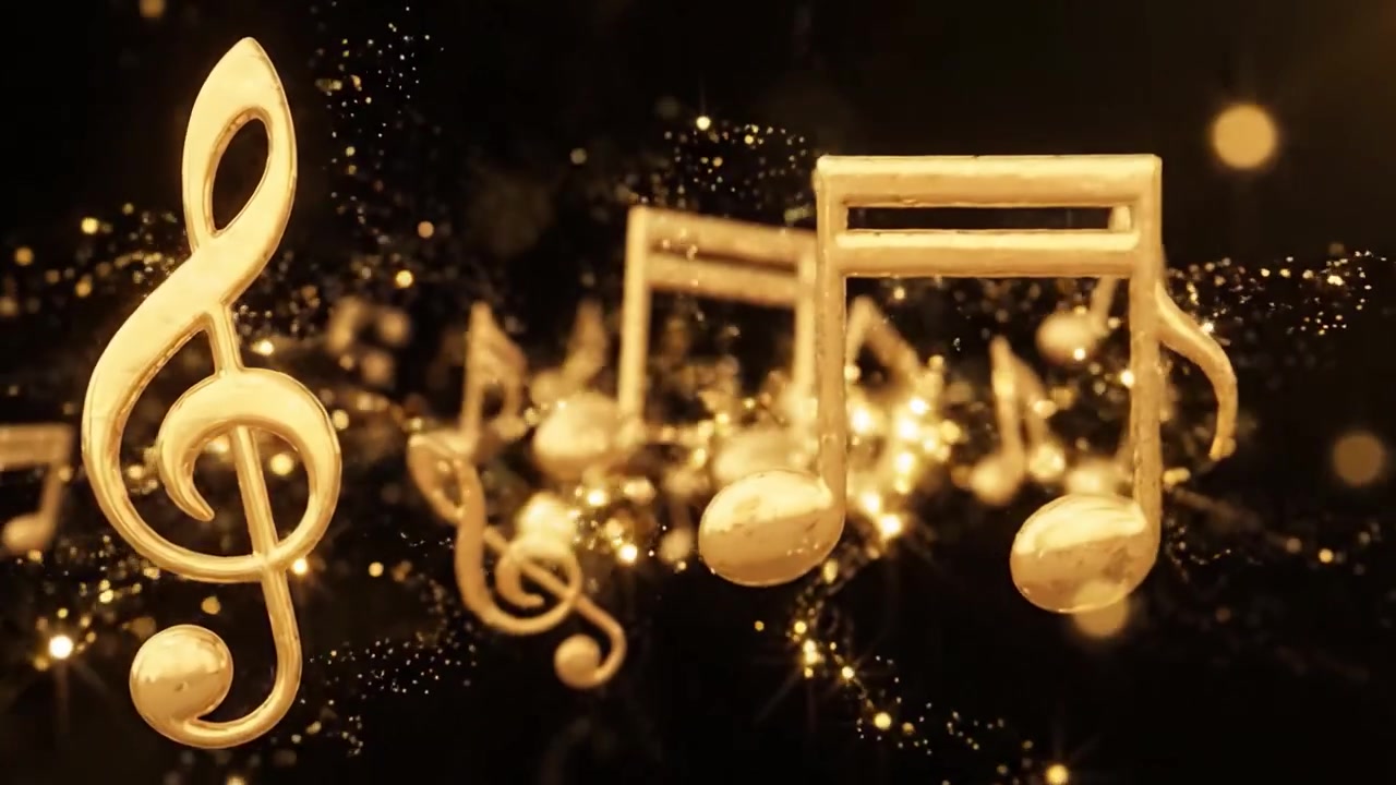 Un Viaggio Accattivante Attraverso le Note Musicali: Dai Semplici Simboli a uno Spettacolo Ipnotizzante di Caratteri Musicali Intrisi d'Oro su uno Sfondo Incantevole