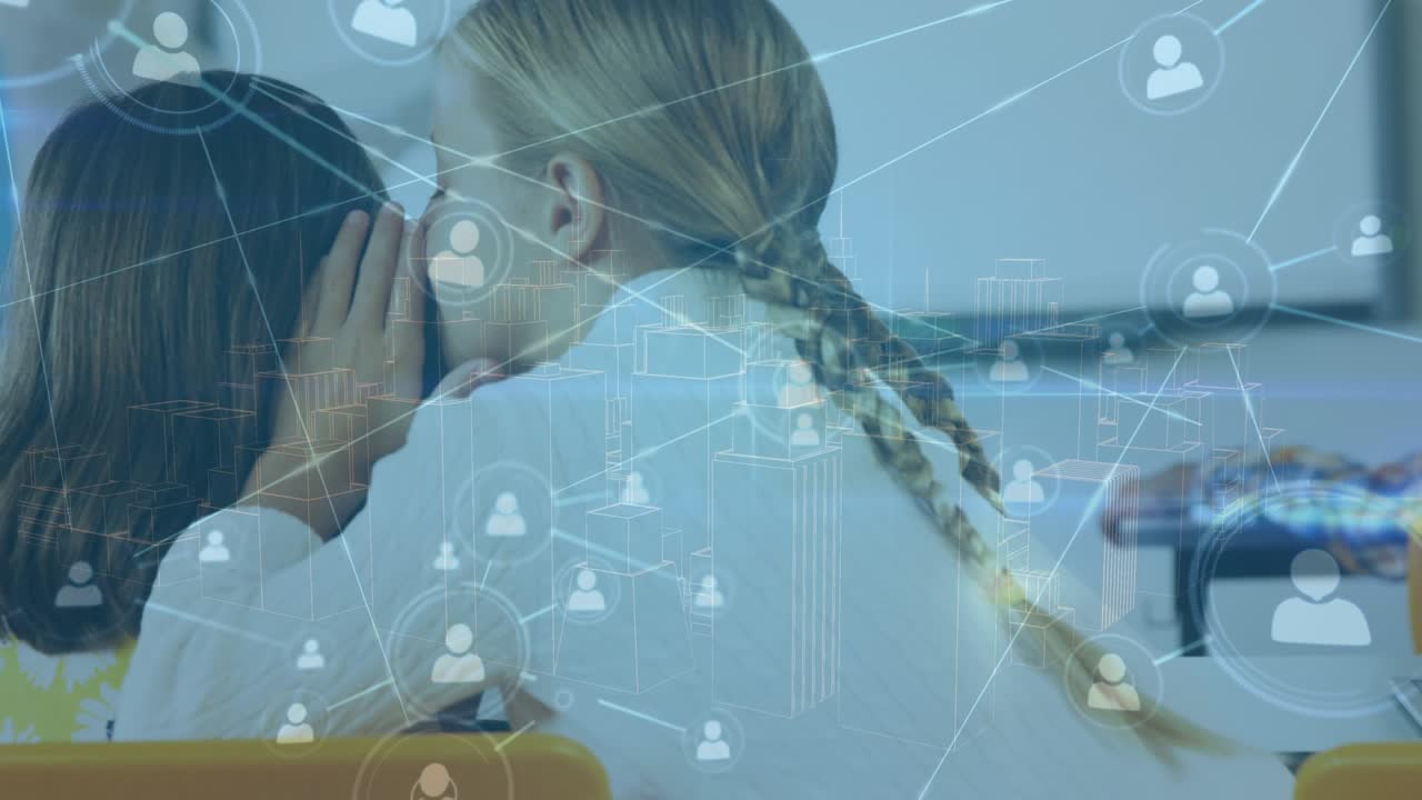 Animation of network of connections over caucasian businesswoman using tablet