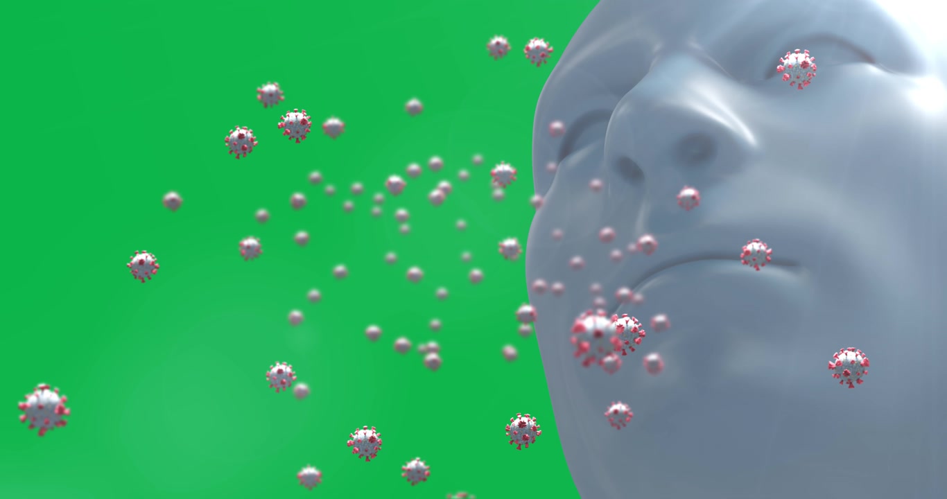Animation of macro Covid-19 cells floating over a 3D human face in a blue background