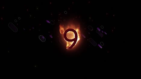 animation of orange flaming number 9, with purple fireworks, on black background