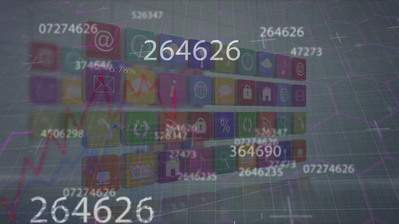 animación de números, iconos técnicos y gráficos sobre fondo gris