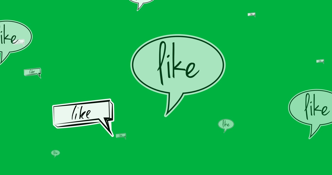 Digital animation of like text on retro speech bubbles floating against black background