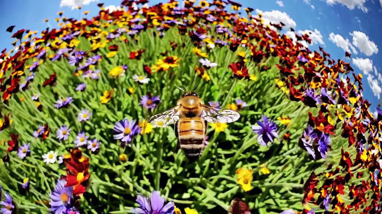 A vibrant fisheye view of a bee hovering over colorful wildflowers, capturing nature's beauty