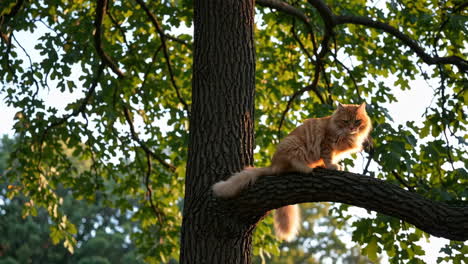 ginger cat resting on a tree branch bathed in golden sunlight
