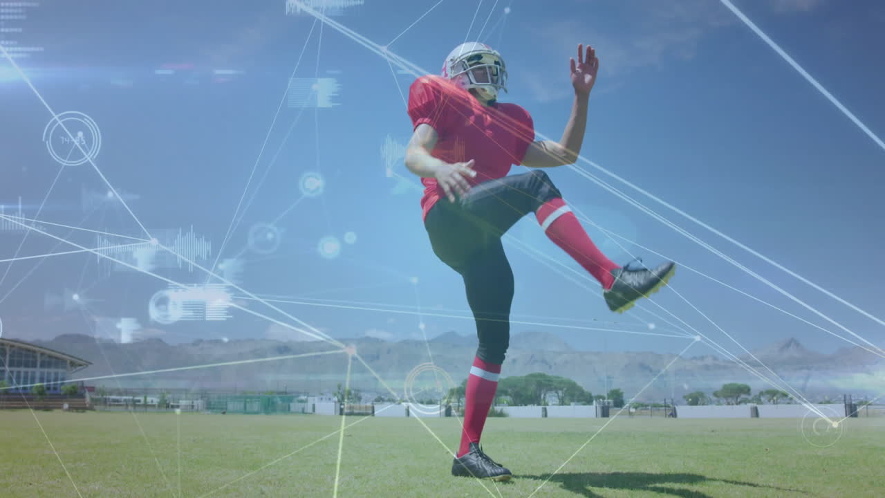 Kicking football on field, player with animation of digital network connections