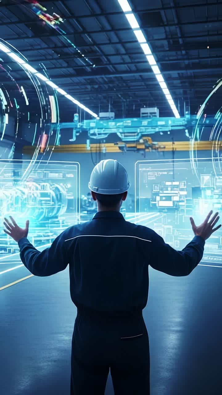 Un tecnico specializzato interagisce con una tecnologia olografica avanzata in uno spazio di lavoro futuristico, che mostra display virtuali e monitora i processi industriali