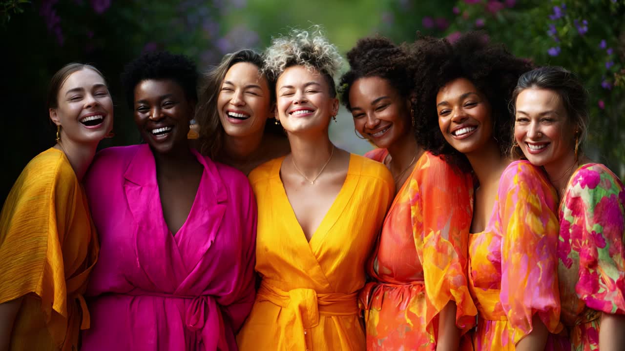 Oito mulheres vibrantes celebram a alegria e a amizade em vestidos coloridos, cercadas por uma natureza exuberante, enfatizando a união, a diversidade e a felicidade em um belo ambiente ao ar livre
