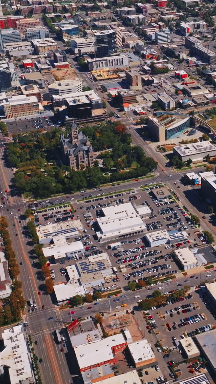 Equal square districts of Salt Lake City, Utah, USA. Varied colorful panorama of the metropolis from bird's eye view. Vertical video