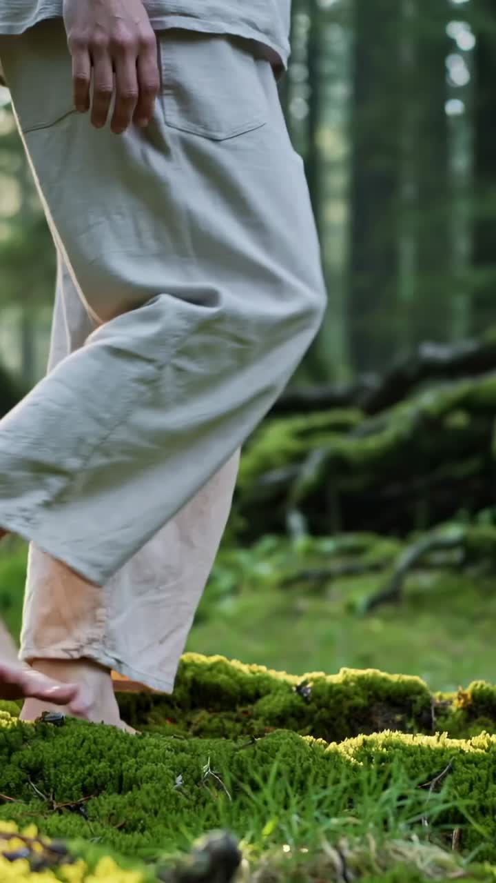 Vertical video: Right foot lifting, barefoot man in linen pants walking on moss, feeling underfoot
