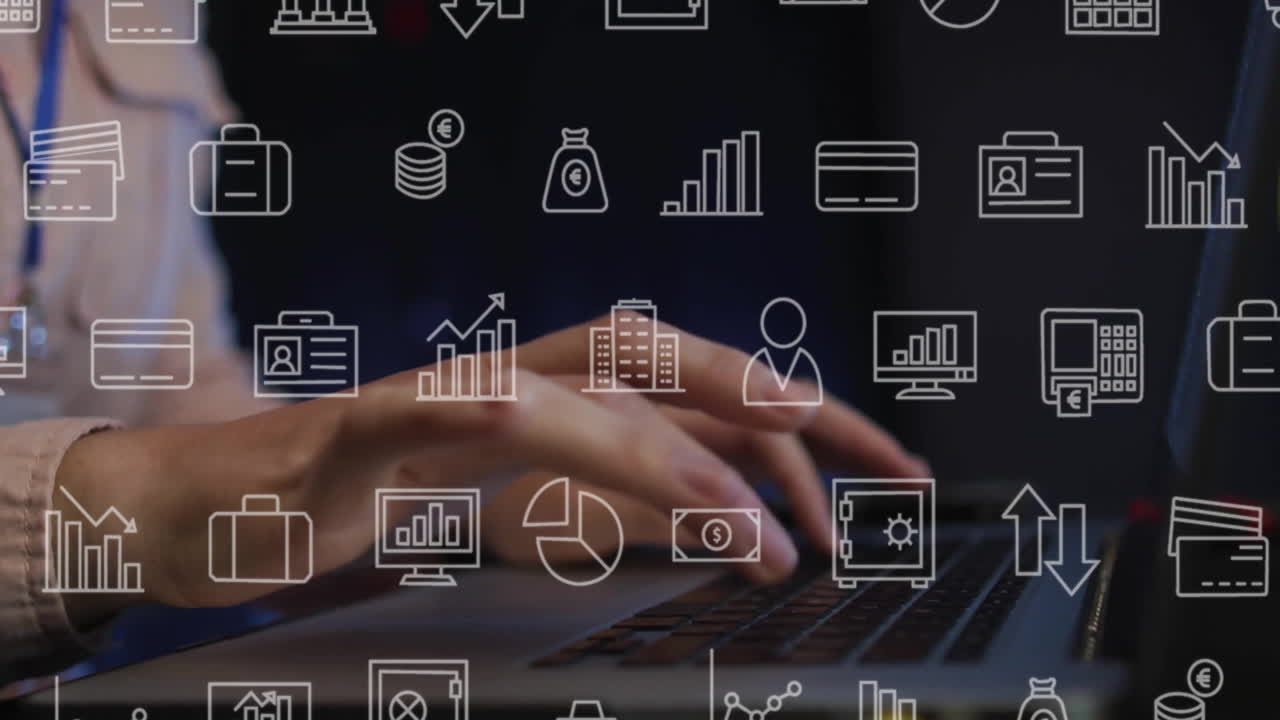animación de iconos de negocios sobre trabajadora caucásica usando una computadora portátil