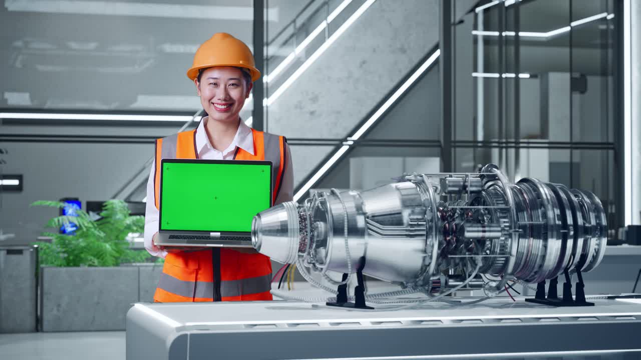 엔지니어가 제트 엔진 모델을 가진 녹색 화면 노트북을 소개합니다.