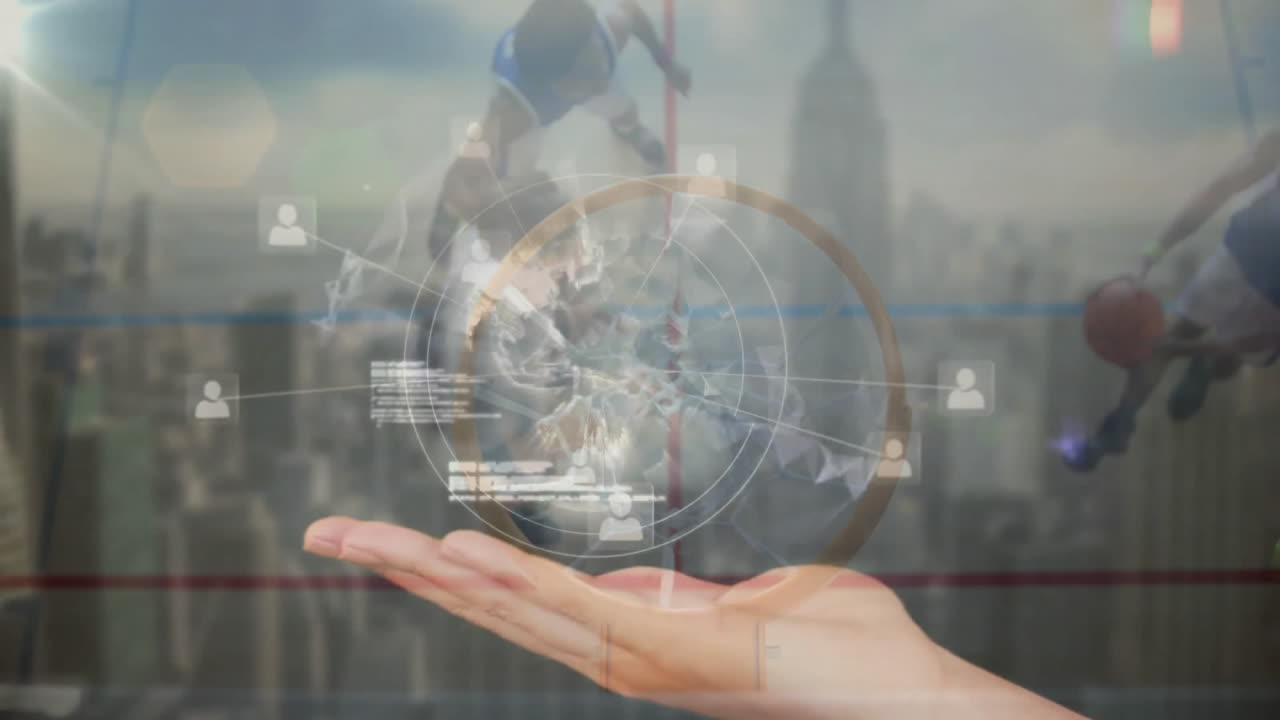 Holding digital globe with network animation over cityscape in school setting