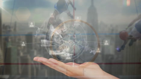 holding digital globe with network animation over cityscape in school setting