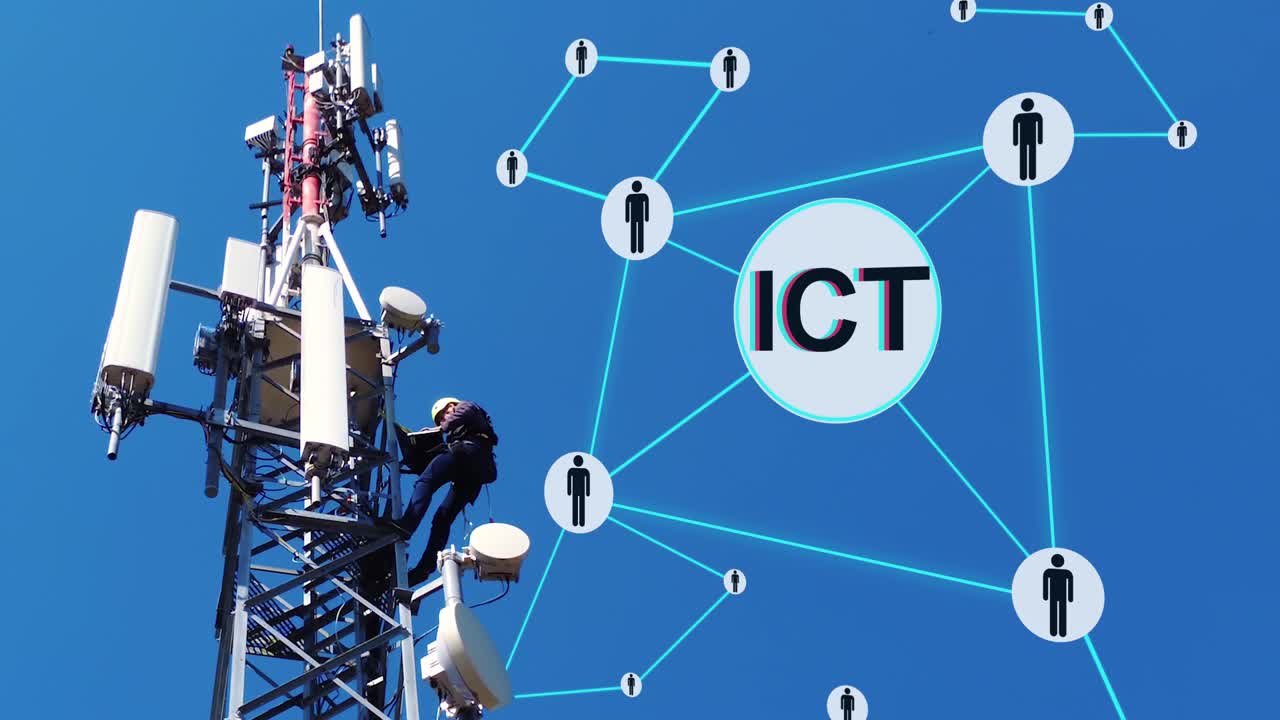 vista aérea de un técnico haciendo mantenimiento en una torre de telecomunicaciones con animación de tic
