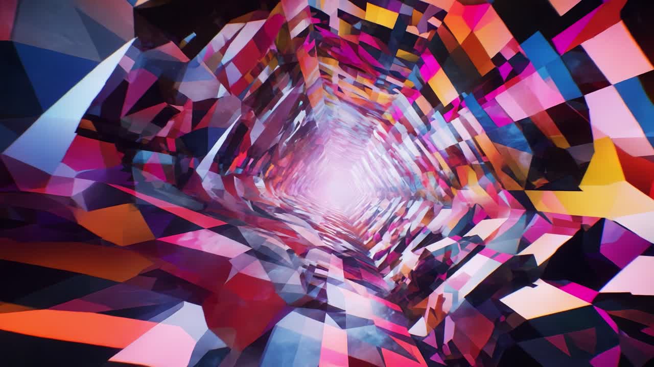 A Deep Dive Through a Vibrant Tunnel of Colorful Crystals, Showcasing a Stunning Spectrum of Light Reflections and Geometric Patterns in a Hypnotic Visual Experience