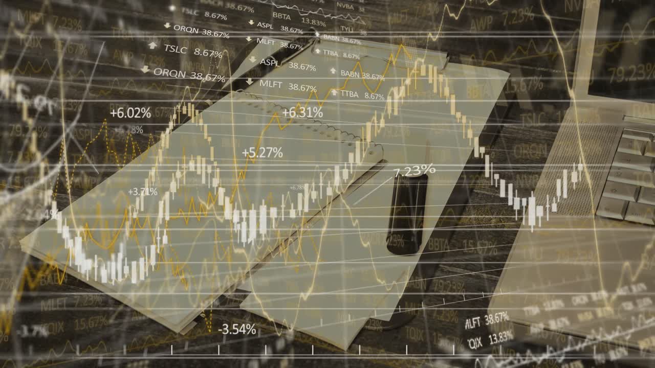 노트북과 노트북으로 책상에서 금융 데이터 처리의 애니메이션