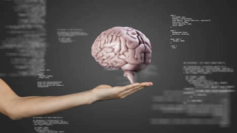 animación del cerebro humano y procesamiento de datos sobre la mano de la mujer