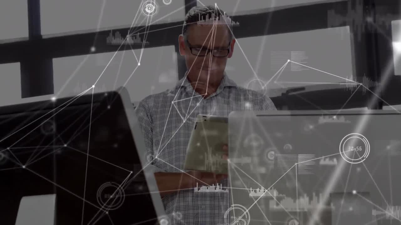 Animation of network of connections over businessman using tablet