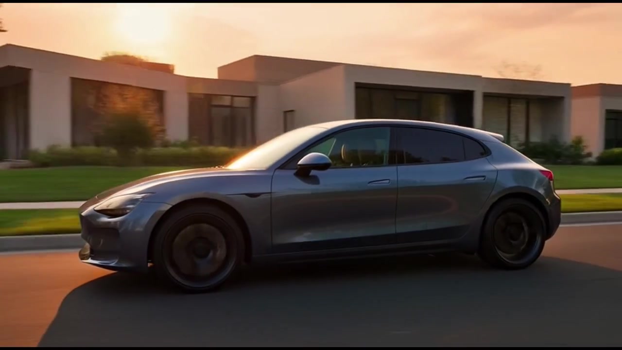 Coche eléctrico moderno circulando por un tranquilo barrio suburbano al atardecer.