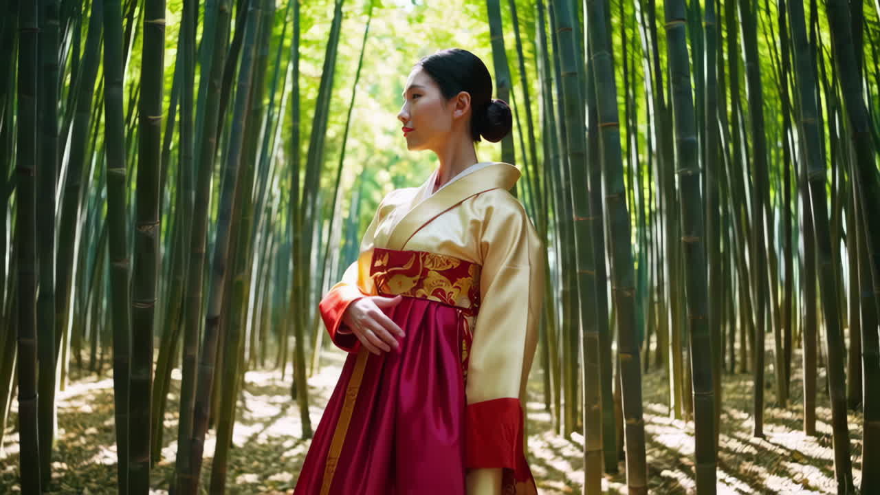 Woman in Traditional Korean Hanbok in a Bamboo Forest