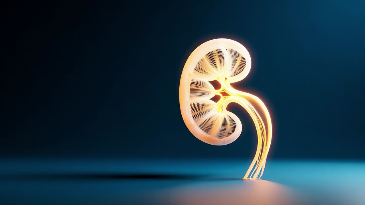 A captivating representation of a stylized kidney, showcasing intricate organic forms and glowing details against a softly illuminated blue background, symbolizing life, health, and the vital role of organs in human physiology