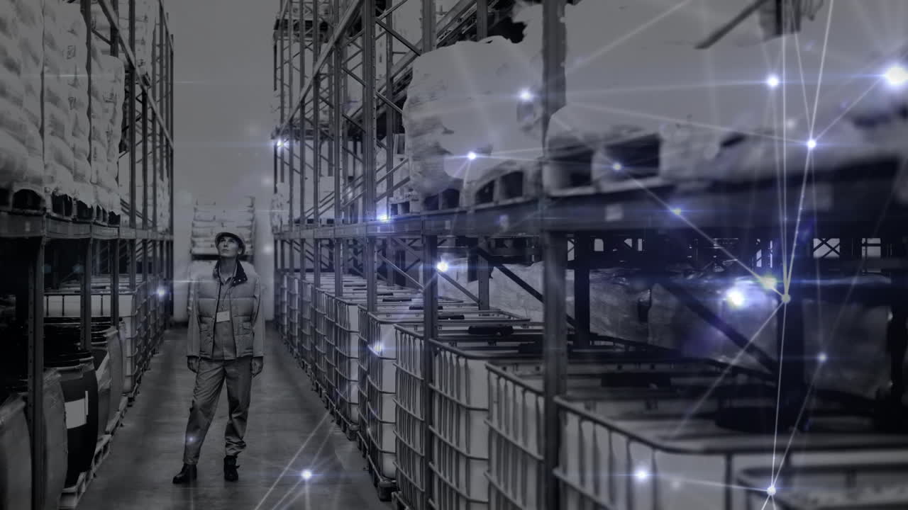 백인 남성 창고 노동자에 대한 연결 네트워크의 애니메이션