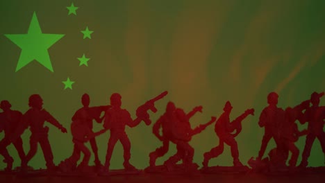 animation of flag of china over silhouettes of soldiers