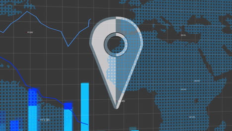 animation of tag icon over data processing and world map on black background