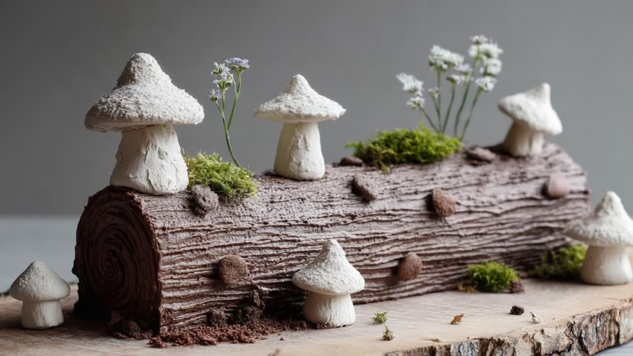 Unique Chocolate Log Cake Decorated with Edible Mushrooms and Fresh Flowers for a Rustic Dessert Presentation