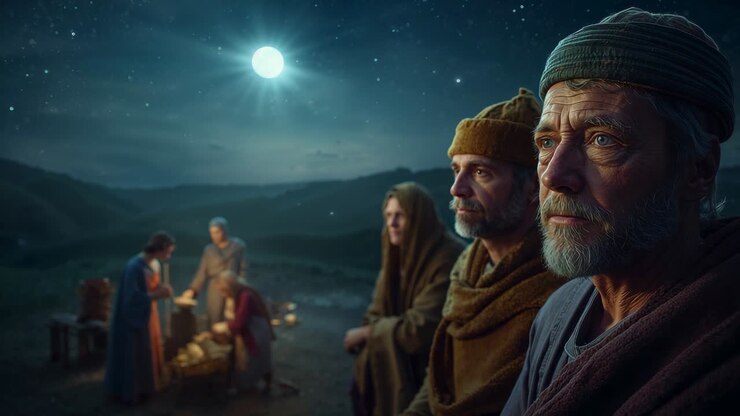 Welcoming newborn, senior man watching baby in manger on campsite under moonlight, copy space