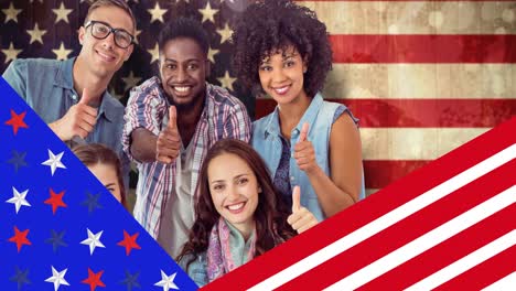 Animation-of-diverse-group-of-students-with-thumbs-up-over-american-flag