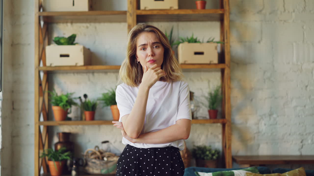 mujer en postura pensativa