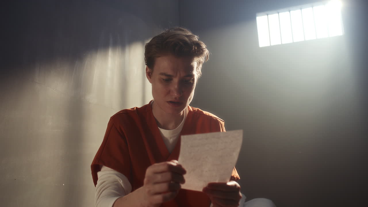 Worried Female Inmate Reading Emotional Letter in Prison Cell