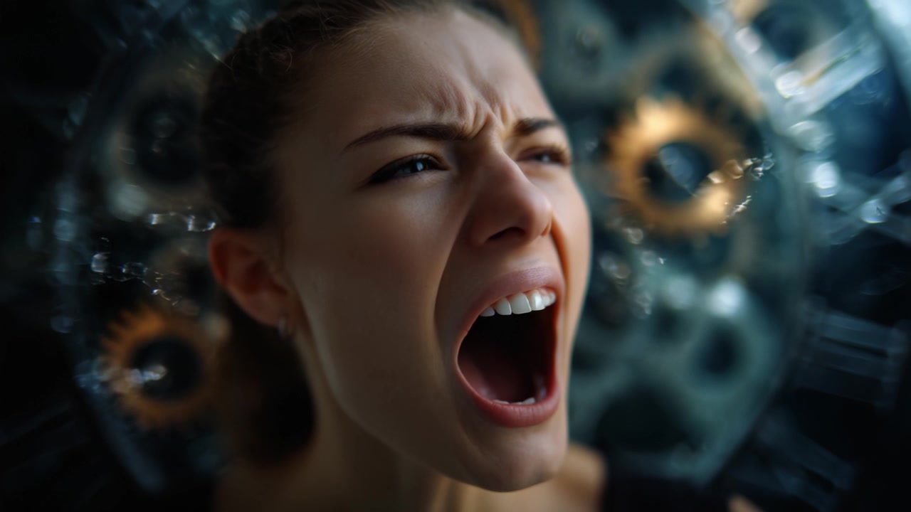 Espressione emotiva di paura e angoscia: Uno studio accattivante dell'emozione umana attraverso primi piani avvincenti e drammatici effetti d'acqua in un ambiente buio.