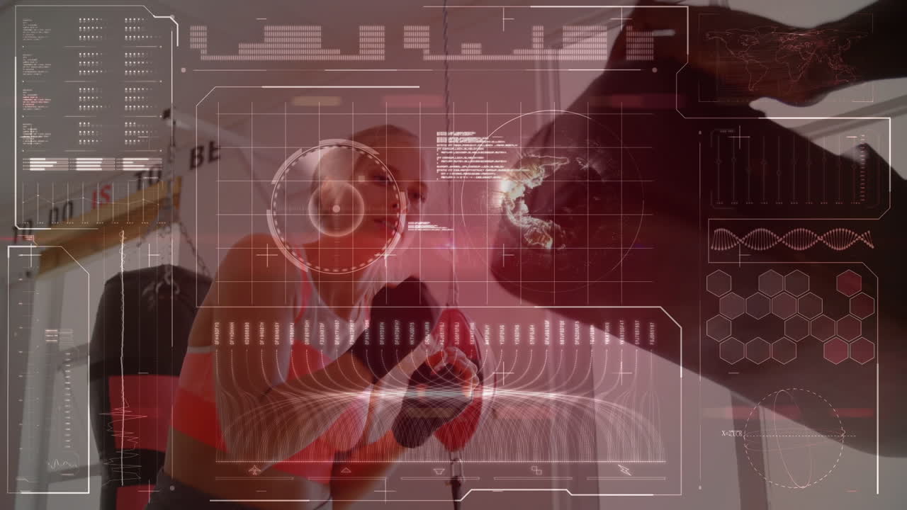 Animation of data processing over caucasian female boxer with african american coach at gym