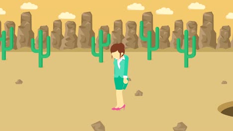 mujer de negocios saltar por encima del agujero. fondo del desierto. concepto de riesgo. ilustración de bucle en estilo plano.