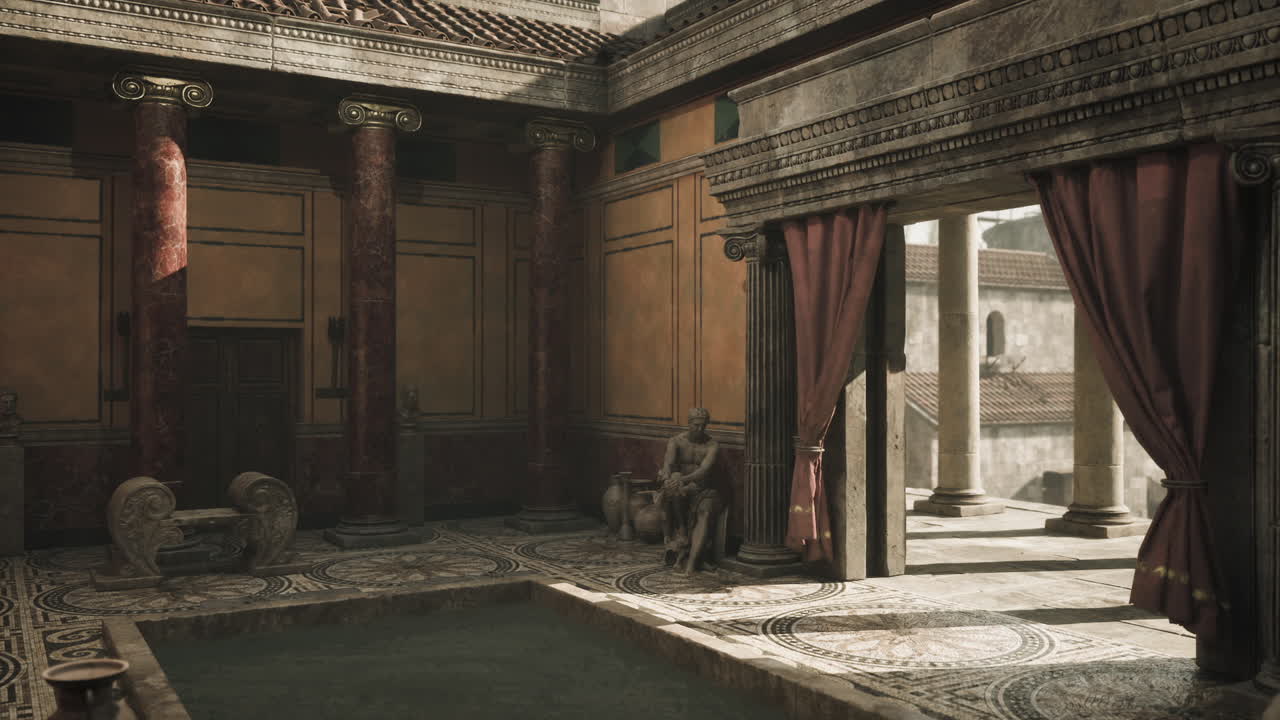 Elegant roman villa interior with intricate design and tranquility