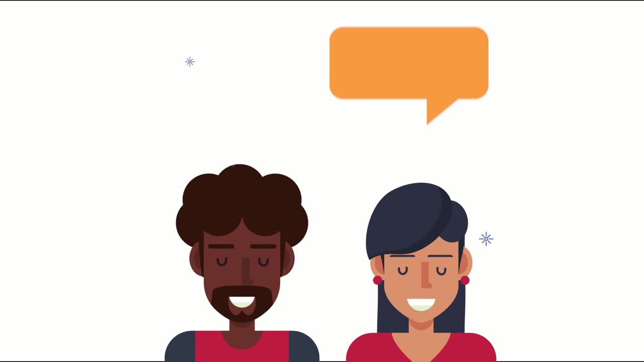 pareja interracial con personajes de burbujas de habla