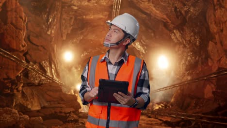 asian male engineer with safety helmet looking at the tablet in his hand and looking around while standing in underground mine tunnel