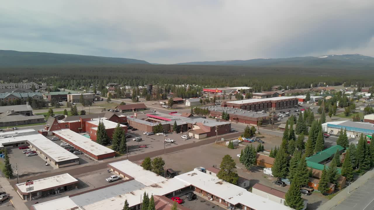 Daytime aerial of West Yellowstone, located near the west entrance of Yellowstone National Park, an popular destination with a rich history and a variety of attractions and activities