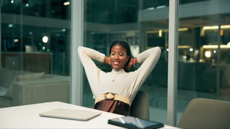 successful businesswoman relaxing at her office desk