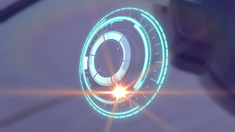 animation of rotating safe lock over light trail on blurred background