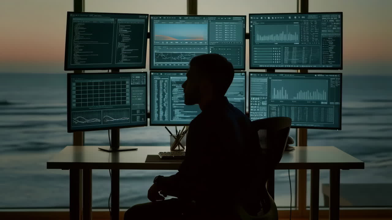 Silhouette of a person working on multiple computer screens with an ocean view at sunset