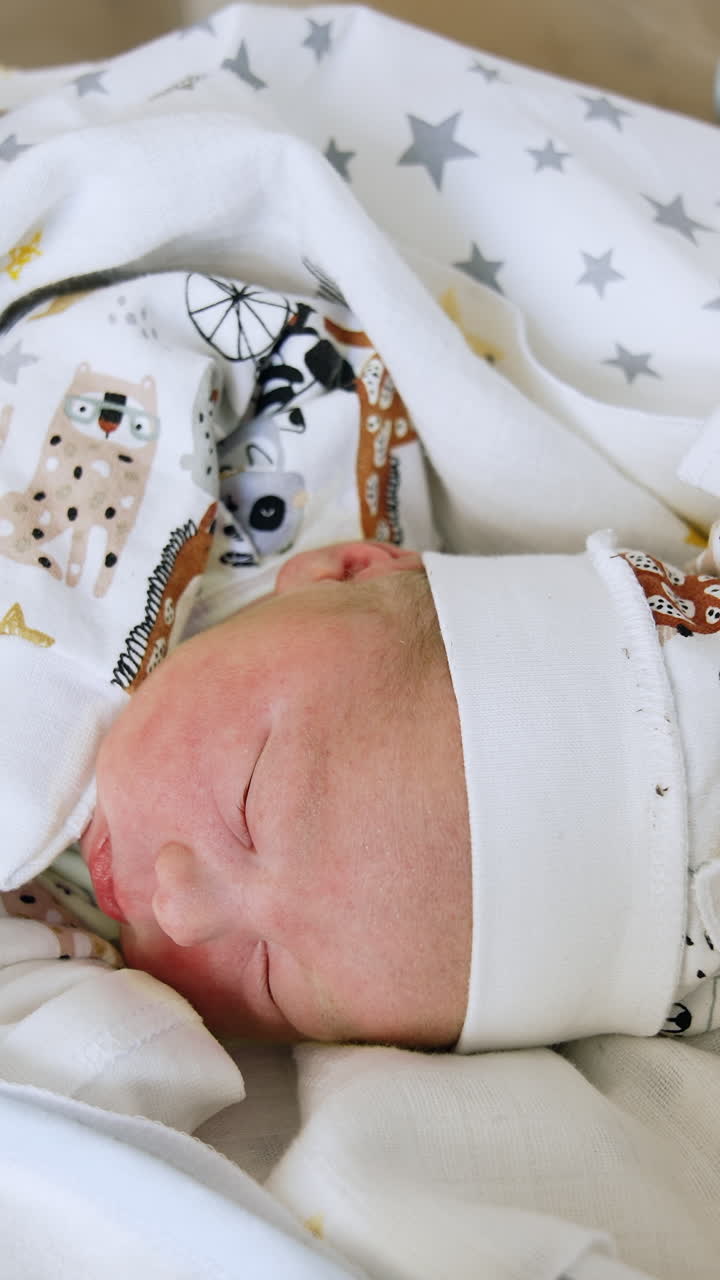 Vista dall'alto di un neonato sdraiato tra le lenzuola. Dolce neonato con cappellino e maglietta dorme serenamente. Video verticale.